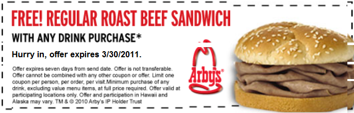Arby's Free Regular Roast Beef Sandwich Printable Email Coupon