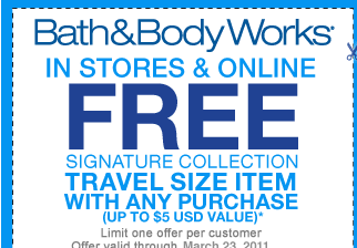 Bath and Body Works Free Travel Size Item Coupon