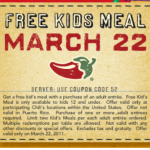 Chilis:  Kids Eat Free on March 22nd