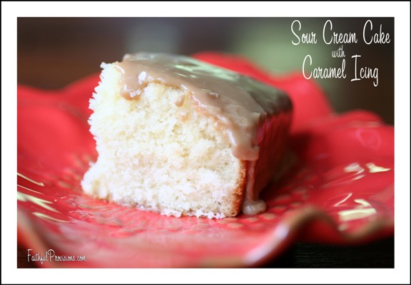 A sour cream based cake with a creamy caramel confection icing.