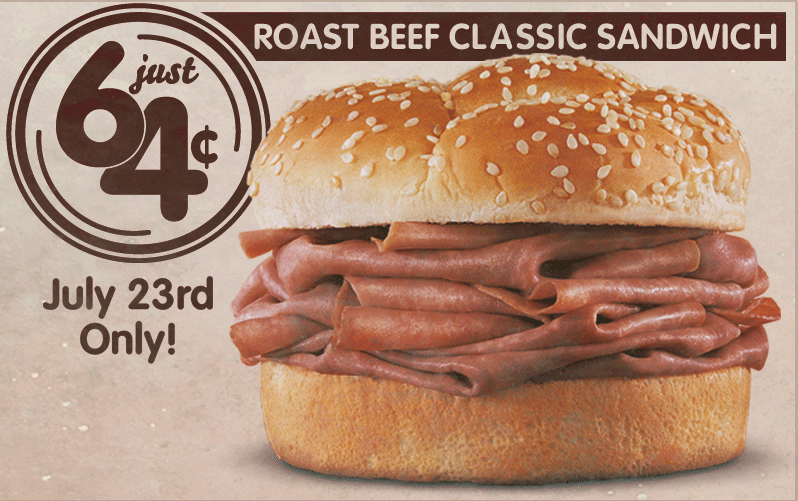 Arby's Anniversay roast beef sandwich only $.64