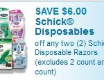 $6/2 Schick Disposable Razors High Value Coupon