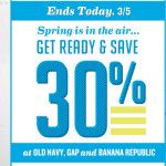 Save 30% On Your Entire Purchase at Banana Republic, GAP or Old Navy (Ends Today)!
