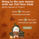 MyStarbucks Rewards: Get a FREE $5 or $10 Starbucks Gift Card With Fall Star Dash!