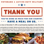 Applebee’s: FREE Meal for Veterans  & Active Duty Military