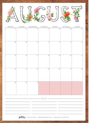 August Calendar Printable